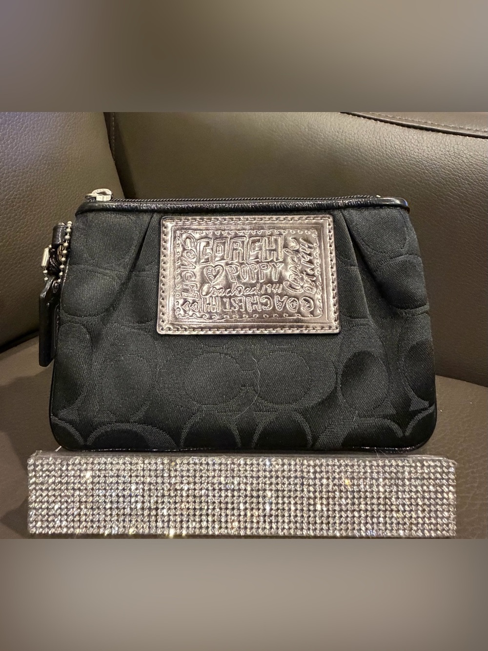 Coach Poppy Black Signature Jacquard Wristlet